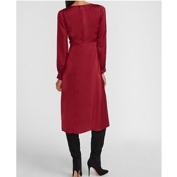 Express Burgundy Satin Long Sleeve Surplice Twist Front High Low Hem Midi Dress - Picture 5 of 17